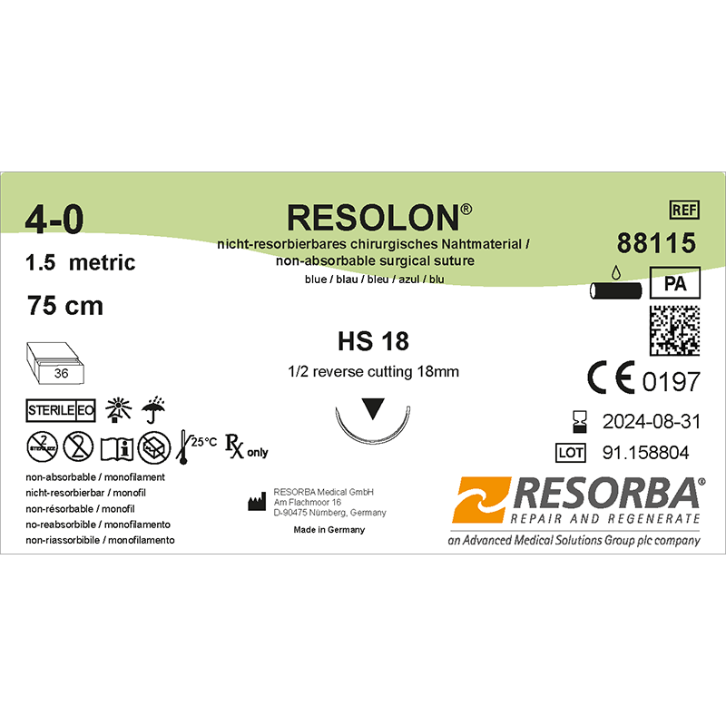 Резолон USP4-0 синій, довжина 75см, зворотньо-ріжуча голка 18мм, 1/2 кола